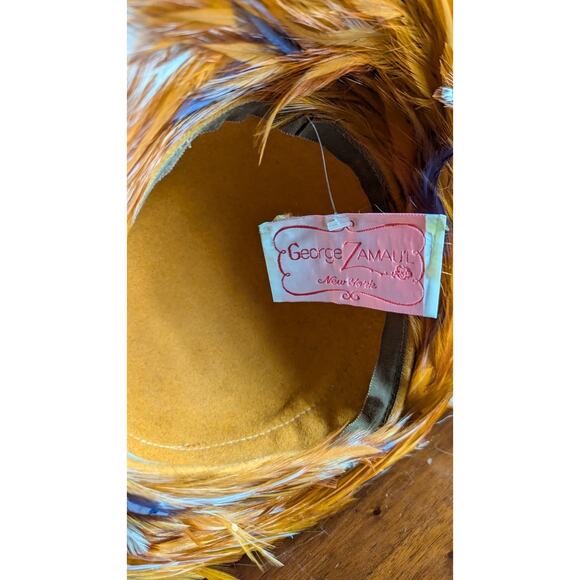 George Zamaul Couture Ladies Orange Felt Hat Feathers Rhinestones Church Formal main image 4